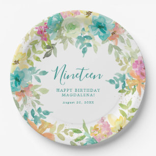 Summer Watercolor Floral Custom 19th Birthday Paper Plate