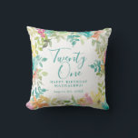 Summer Watercolor Floral Custom 21st Birthday Cushion<br><div class="desc">New for Summer 2024. Modern and colourful summer floral watercolor features pink,  turquoise blue,  yellow and orange flowers. They form rustic,  boho chic,  botanical frame around your birthday wishes. This item is part of the Summer Watercolor Floral collection. It contains professionally designed invitation templates,  welcome signs and party decorations.</div>