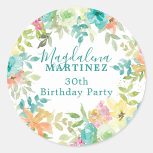 Summer Watercolor Floral Custom 30th Birthday  Classic Round Sticker