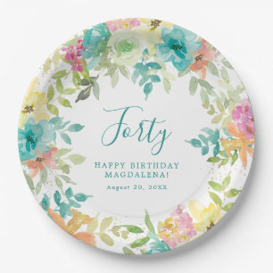 Summer Watercolor Floral Custom 40th Birthday Paper Plate