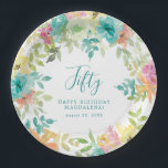 Summer Watercolor Floral Custom 50th Birthday Paper Plate<br><div class="desc">New for Summer 2024. Modern and colourful summer floral watercolor features pink,  turquoise blue,  yellow and orange flowers. They form rustic,  boho chic,  botanical frame around your birthday wishes. This item is part of the Summer Watercolor Floral collection. It contains professionally designed invitation templates,  welcome signs and party decorations.</div>