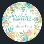 Summer Watercolor Floral Custom 80th Birthday  Classic Round Sticker<br><div class="desc">New for Summer 2024. Modern and colourful summer floral watercolor features pink,  turquoise blue,  yellow and orange flowers. They form rustic,  boho chic,  botanical frame around your birthday text. This item is part of the Summer Watercolor Floral collection. It contains professionally designed invitation templates,  welcome signs and party decorations.</div>
