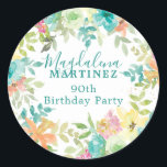 Summer Watercolor Floral Custom 90th Birthday  Classic Round Sticker<br><div class="desc">New for Summer 2024. Modern and colourful summer floral watercolor features pink,  turquoise blue,  yellow and orange flowers. They form rustic,  boho chic,  botanical frame around your birthday text. This item is part of the Summer Watercolor Floral collection. It contains professionally designed invitation templates,  welcome signs and party decorations.</div>
