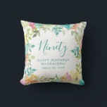 Summer Watercolor Floral Custom 90th Birthday Cushion<br><div class="desc">New for Summer 2024. Modern and colourful summer floral watercolor features pink,  turquoise blue,  yellow and orange flowers. They form rustic,  boho chic,  botanical frame around your birthday wishes. This item is part of the Summer Watercolor Floral collection. It contains professionally designed invitation templates,  welcome signs and party decorations.</div>