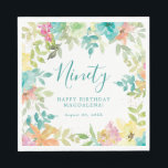 Summer Watercolor Floral Custom 90th Birthday Napkin<br><div class="desc">New for Summer 2024. Modern and colourful summer floral watercolor features pink,  turquoise blue,  yellow and orange flowers. They form rustic,  boho chic,  botanical frame around your birthday wishes. This item is part of the Summer Watercolor Floral collection. It contains professionally designed invitation templates,  welcome signs and party decorations.</div>