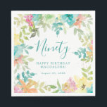 Summer Watercolor Floral Custom 90th Birthday Napkin<br><div class="desc">New for Summer 2024. Modern and colourful summer floral watercolor features pink,  turquoise blue,  yellow and orange flowers. They form rustic,  boho chic,  botanical frame around your birthday wishes. This item is part of the Summer Watercolor Floral collection. It contains professionally designed invitation templates,  welcome signs and party decorations.</div>