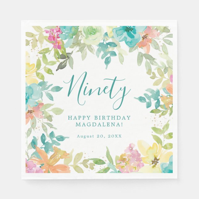 Summer Watercolor Floral Custom 90th Birthday Napkin (Front)