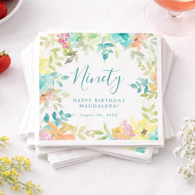 Summer Watercolor Floral Custom 90th Birthday Napkin (Creator Uploaded)