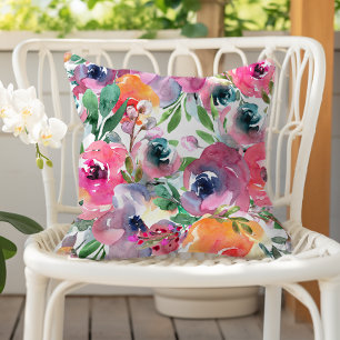 Summer Watercolor Floral Indigo Red Pink Orange Cushion