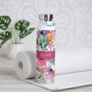 Summer Watercolor Floral Monogram Name Water Bottle