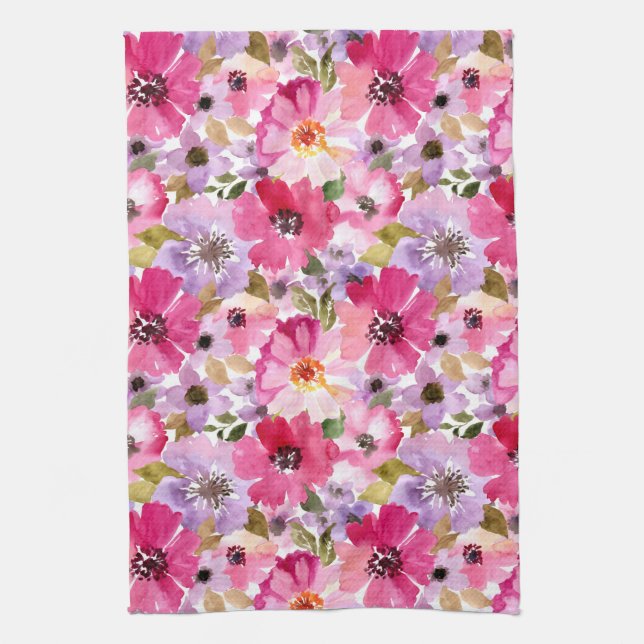 Summer Watercolor Floral Pattern Tea Towel (Vertical)