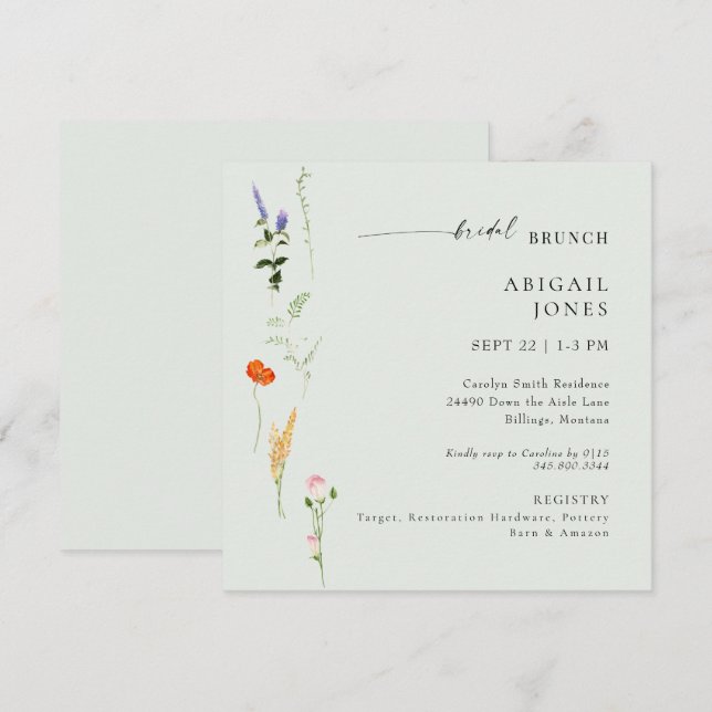 Summer Watercolor Floral Sage Bridal Brunch Invitation (Front/Back)