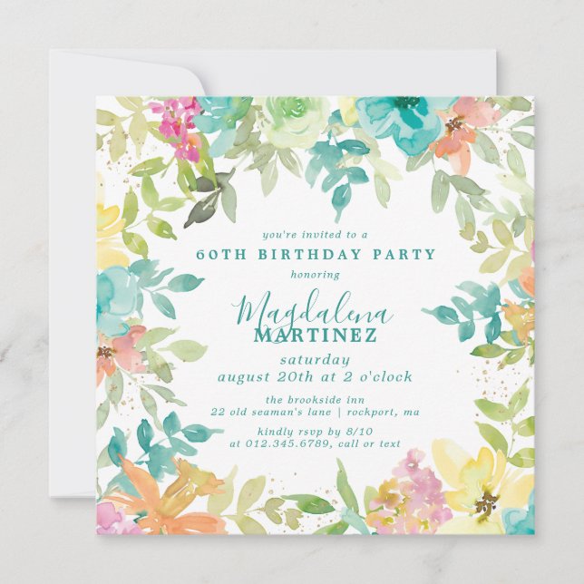 Summer Watercolor Floral Square 60th Birthday Invitation (Front)