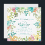 Summer Watercolor Floral Square 90th Birthday Invitation<br><div class="desc">New for Summer 2024. Modern and colourful summer floral watercolor features pink, turquoise blue, yellow and orange flowers. They form rustic, boho chic, botanical frame around your birthday party details. This item is part of the Summer Watercolor Floral collection. It contains professionally designed invitation templates, welcome signs and party decorations....</div>