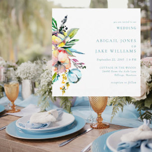 Summer Watercolor Floral Turquoise Square Wedding Invitation