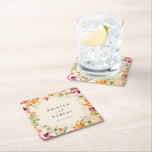 Summer Watercolor Garden Floral Wedding Square Paper Coaster