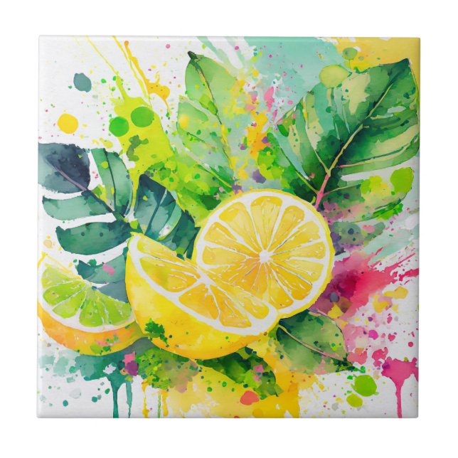 Summer Watercolor Juicy Lemons Paint Splashes Tile (Front)