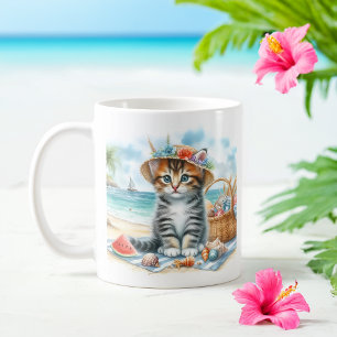 Summer Watercolor Kitten on the beach Coffee Mug