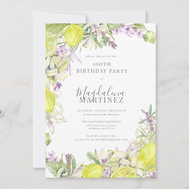 Summer Watercolor Lavender Lemons 100th Birthday Invitation (Front)
