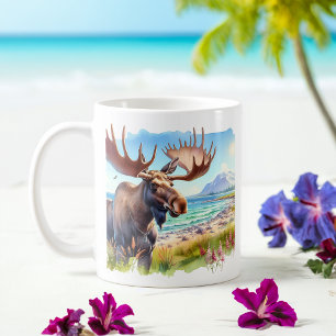 Summer Watercolor Moose on the beach Coffee Mug