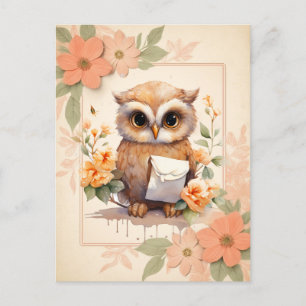 Summer Watercolor Owl - Floral frame - Postcard
