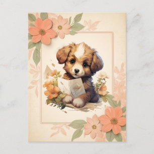 Summer Watercolor Puppy - Floral frame - Postcard