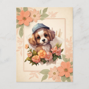 Summer Watercolor Puppy - Floral Frame - Postcard