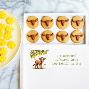 Summer Watercolor Texas Longhorn Calf Lemon Tree