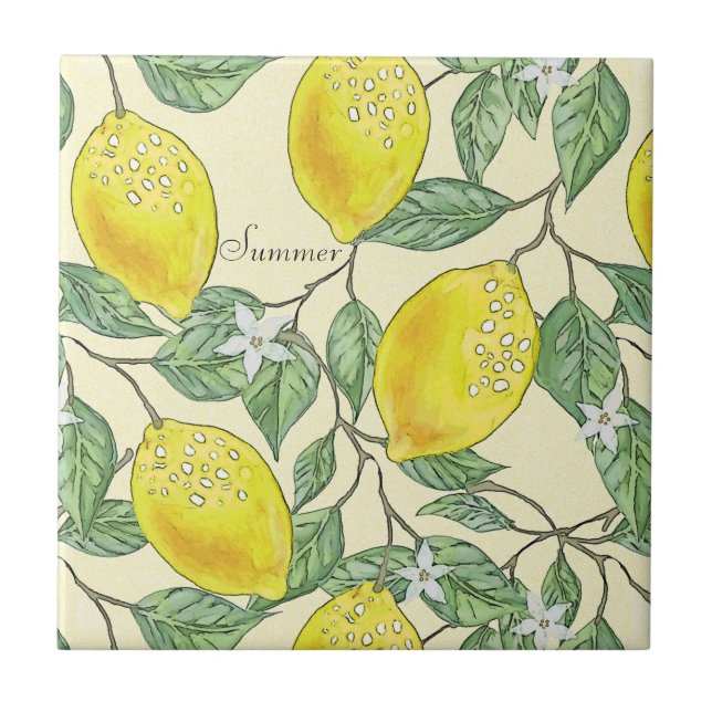 Summer Watercolor Vintage Lemons Pattern Tile (Front)