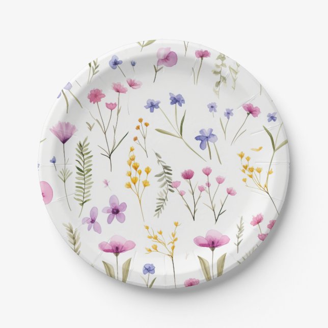 Summer Watercolor Wildflowers Paper Plate (Front)