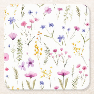 Summer Watercolor Wildflowers Square Paper Coaster
