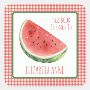 Summer Watermelon and Red Gingham Plaid Bookplate Square Sticker
