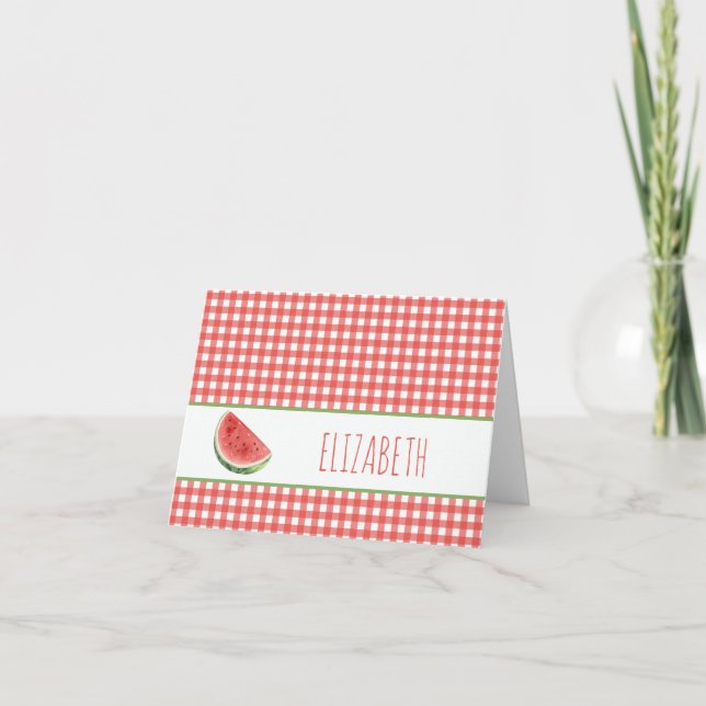 Summer Watermelon and Red Gingham Plaid Note Card (Front)