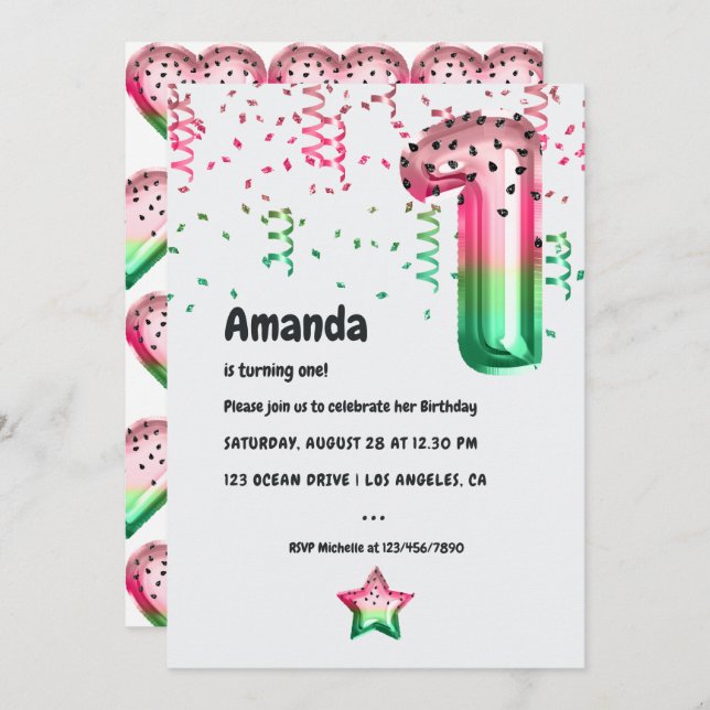 Summer Watermelon Balloon 1st Birthday Party Invitation (Front/Back)