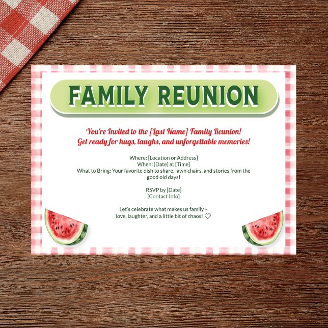 Summer Watermelon Family Reunion Invitation (Watercolor family reunion invite with red plaid, watermelon, and modern typography)