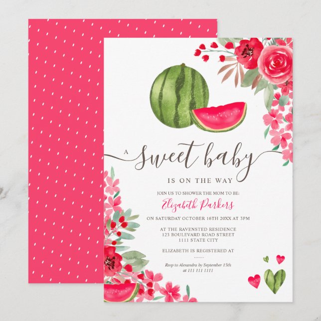 Summer watermelon floral watercolor baby shower invitation (Front/Back)