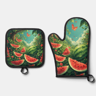 Summer Watermelon Garden – Colourful Nature Apron Oven Mitt & Pot Holder Set