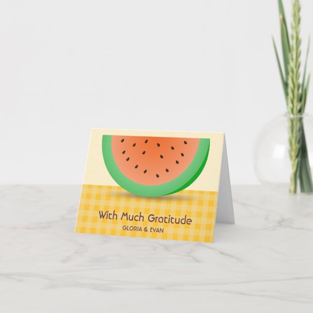 Summer watermelon on orange gingham thank you note card (Front)