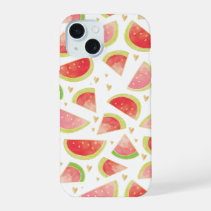 Summer Watermelon Slices & Gold Heart Pattern iPhone 15 Case