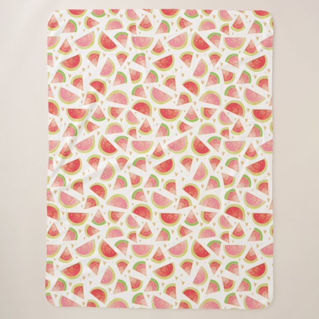 Summer Watermelon Slices & Gold Heart Pattern Sherpa Blanket (Front)