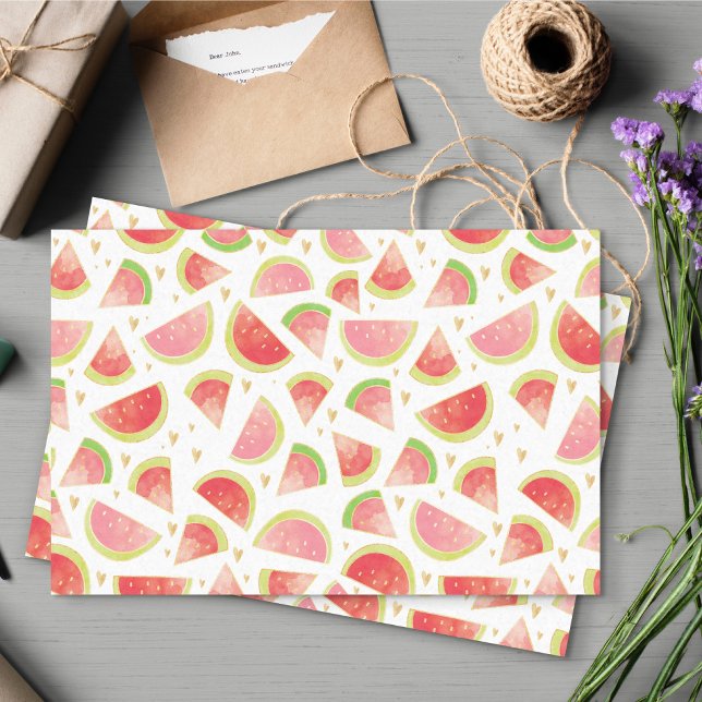 Summer Watermelon Slices & Gold Heart Pattern Tissue Paper (Watermelon & Hearts Patterned Tissue Paper)