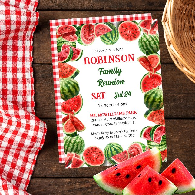 Summer Watermelons Frame | Checks Family Reunion Invitation (Fresh Summer Watermelons Frame | Red and White Gingham Checks Family Reunion Invitation)