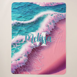 Summer Waves in Pink II Monogram Sherpa Blanket
