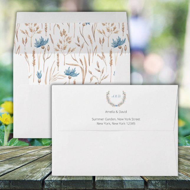 Summer Wedding Azure Blue Wildflowers Minimalist Envelope (Summer Wedding - wildflower envelope)