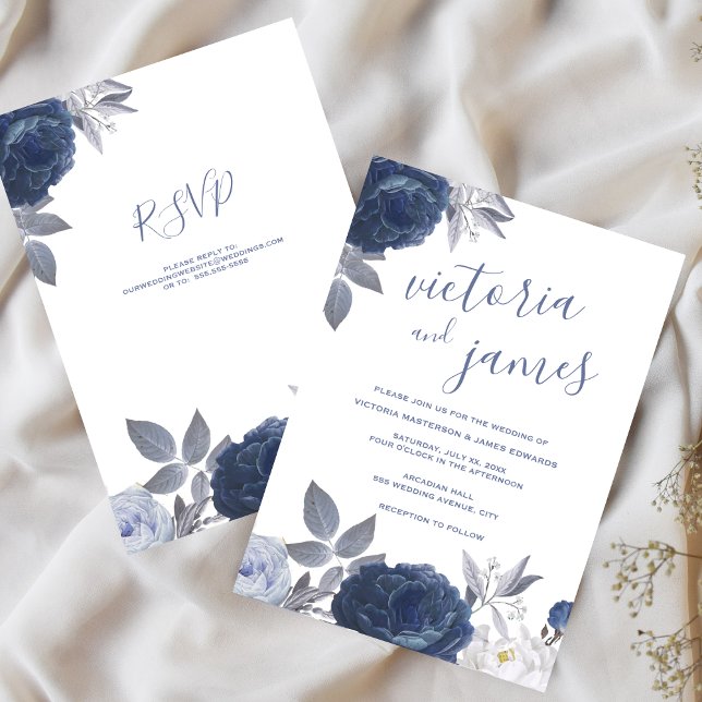 Summer Wedding Bright Blue Floral With RSVP Invitation (Summer Wedding Bright Blue Floral With RSVP Invitation)