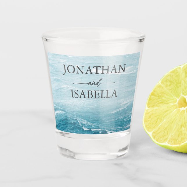 Summer wedding by the blue wavy sea ombre ocean shot glass (Front)
