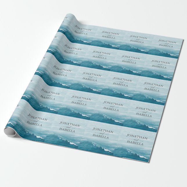 Summer wedding by the blue wavy sea ombre ocean wrapping paper (Unrolled)