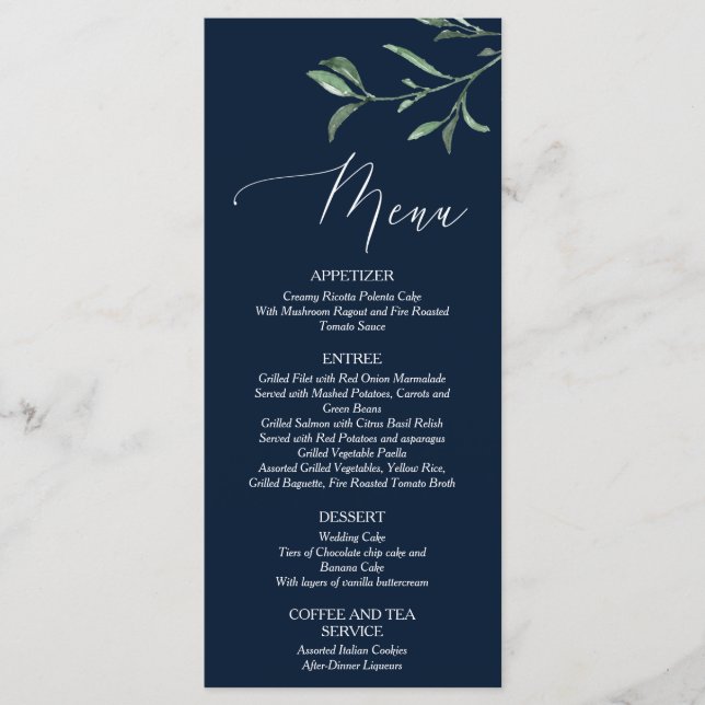 Summer Wedding Navy Blue Foliage Menu Card (Front)