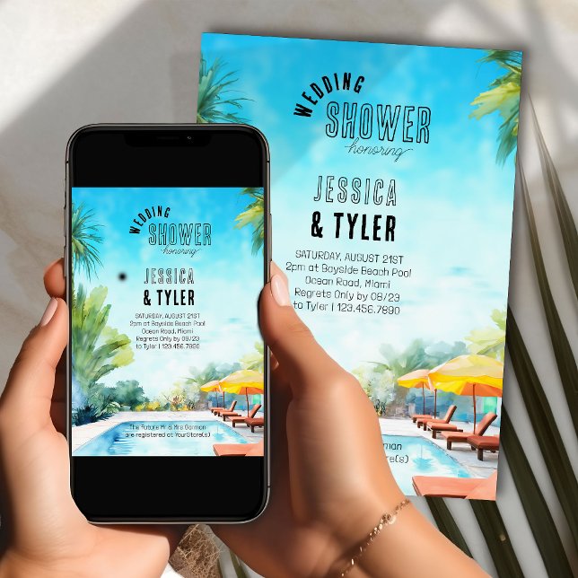 Summer Wedding Shower Watercolor Tropical Pool Invitation (Summer wedding shower invitation from the Couples Shower Invitation collection by Darling & May)