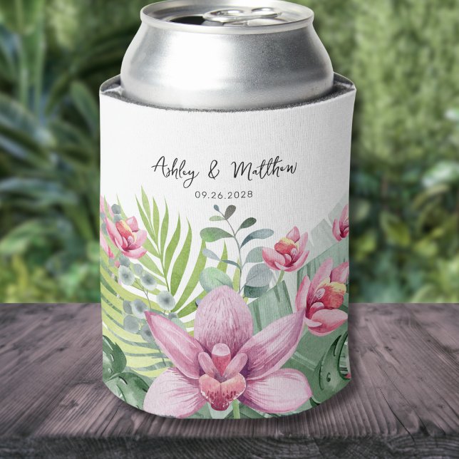 Summer Wedding Tropical Beach Can Cooler (Simple Modern Elegant Tropical Palm Floral Wedding Can Cooler)